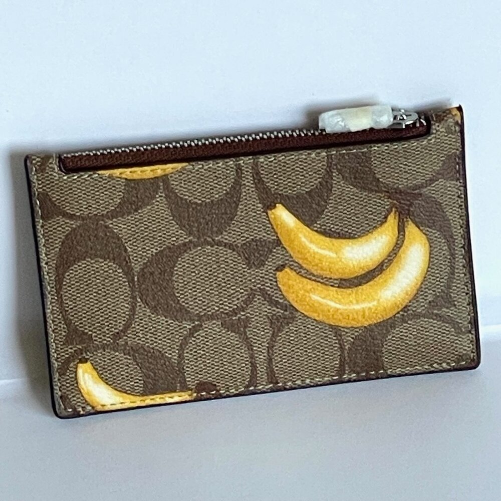Coach Zip Card Case CR410 Signature Canvas Banana Print Leather Brown Wallet - Picture 5 of 7